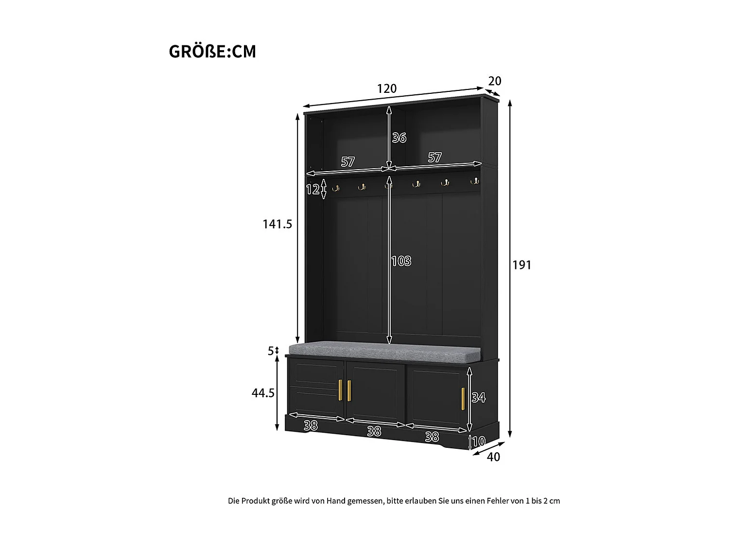 Vestiaire noir porte-manteau banc à chaussures 6 crochets triples indépendant entrée couloir