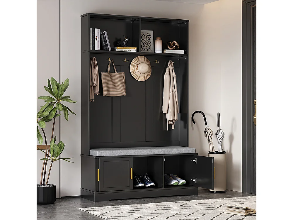 Vestiaire noir porte-manteau banc à chaussures 6 crochets triples indépendant entrée couloir