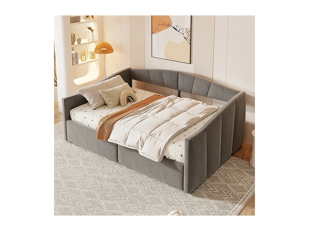 Lit banquette rembourré 140x200 avec suspension hydraulique et accoudoirs rayures classiques lit multifonctionnel tissu velours gris