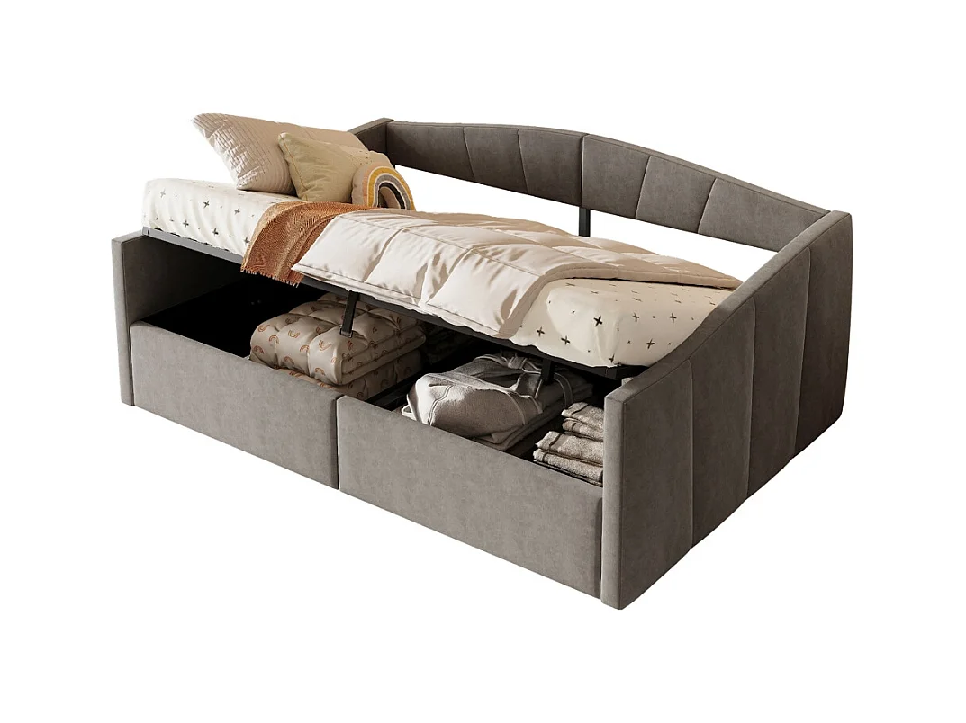 Lit banquette rembourré 140x200 avec suspension hydraulique et accoudoirs rayures classiques lit multifonctionnel tissu velours gris