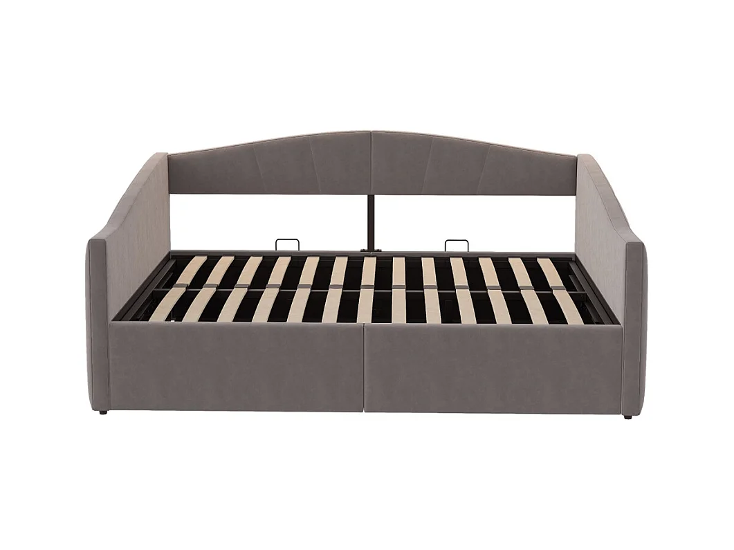 Lit banquette rembourré 140x200 avec suspension hydraulique et accoudoirs rayures classiques lit multifonctionnel tissu velours gris