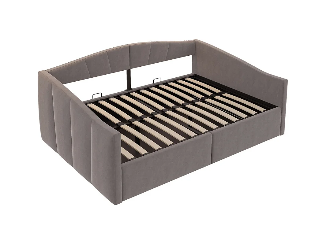 Lit banquette rembourré 140x200 avec suspension hydraulique et accoudoirs rayures classiques lit multifonctionnel tissu velours gris