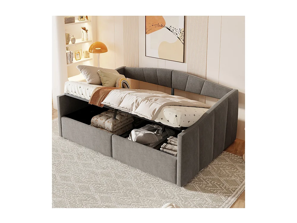 Lit banquette rembourré 140x200 avec suspension hydraulique et accoudoirs rayures classiques lit multifonctionnel tissu velours gris