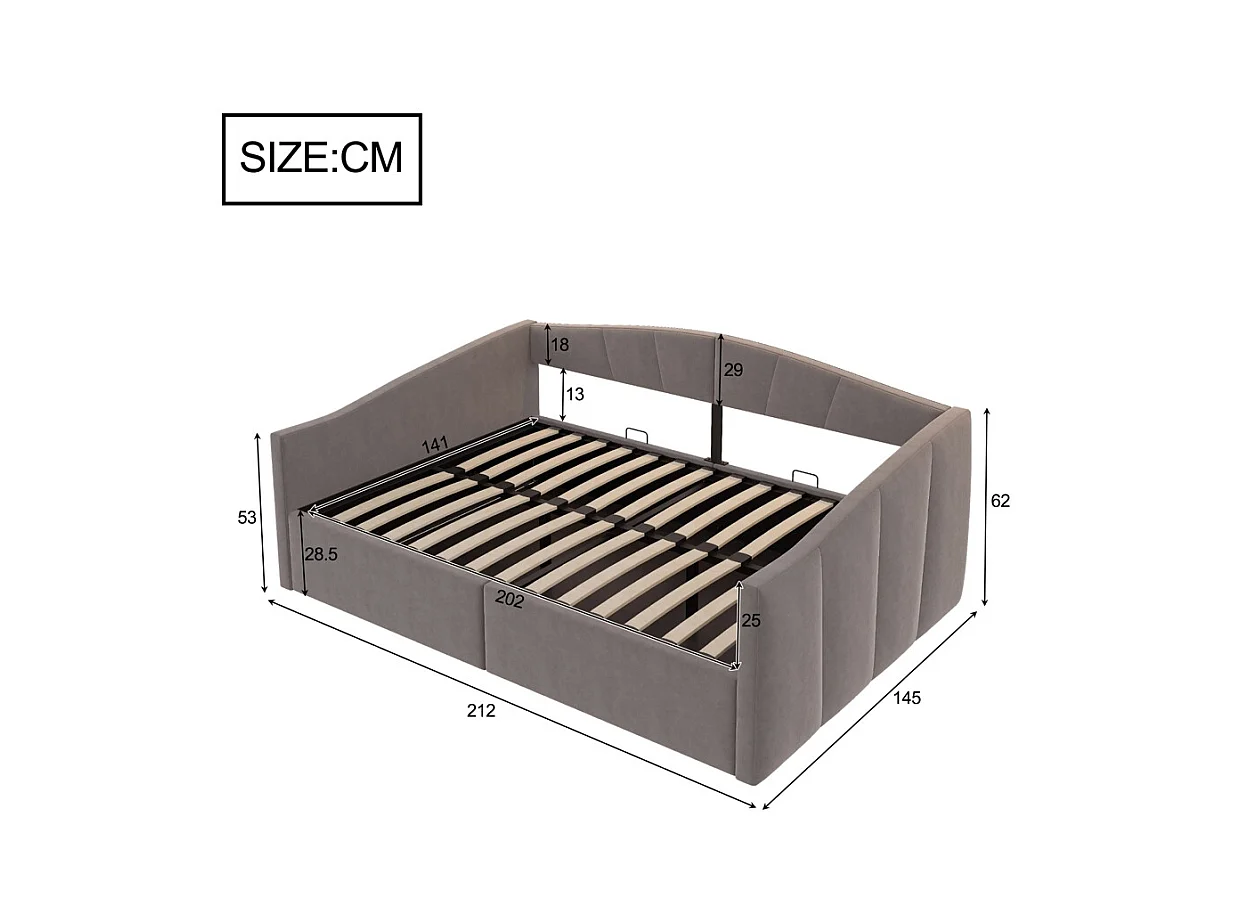 Lit banquette rembourré 140x200 avec suspension hydraulique et accoudoirs rayures classiques lit multifonctionnel tissu velours gris