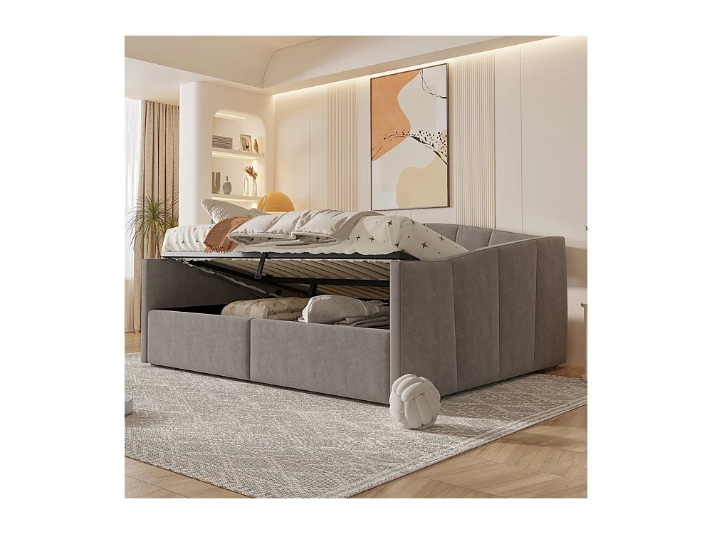 Lit banquette rembourré 140x200 avec suspension hydraulique et accoudoirs rayures classiques lit multifonctionnel tissu velours gris