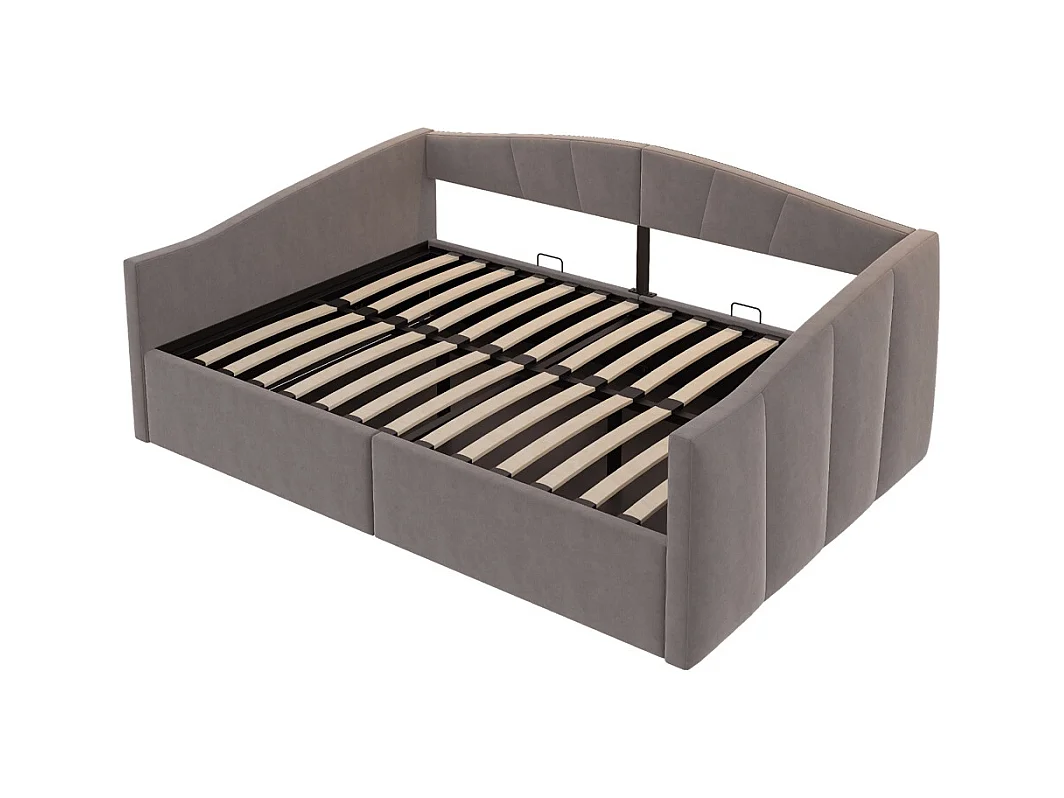 Lit banquette rembourré 140x200 avec suspension hydraulique et accoudoirs rayures classiques lit multifonctionnel tissu velours gris