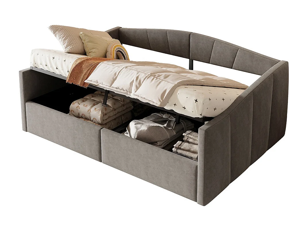 Lit banquette rembourré 140x200 avec suspension hydraulique et accoudoirs rayures classiques lit multifonctionnel tissu velours gris