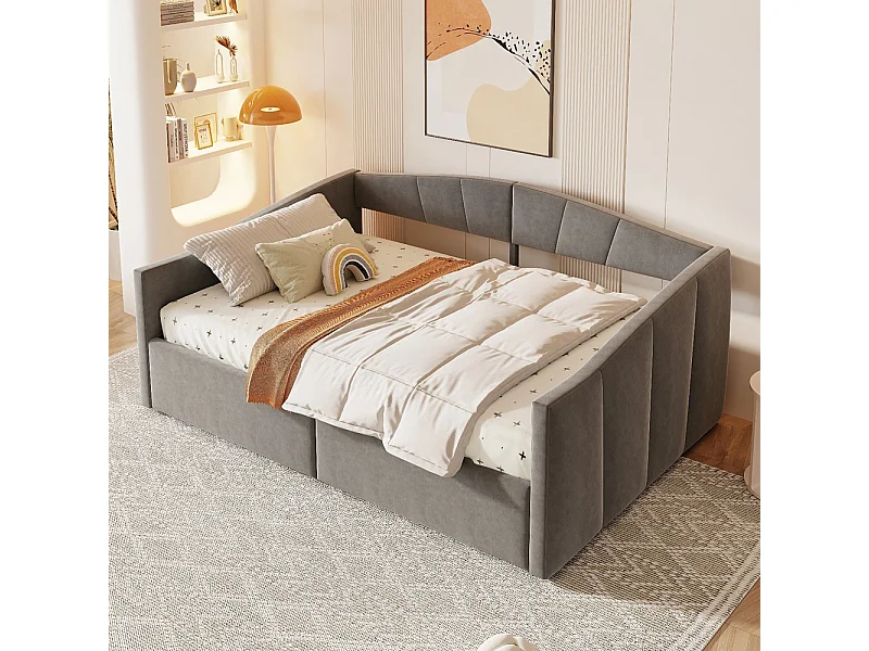 Lit banquette rembourré 140x200 avec suspension hydraulique et accoudoirs rayures classiques lit multifonctionnel tissu velours gris