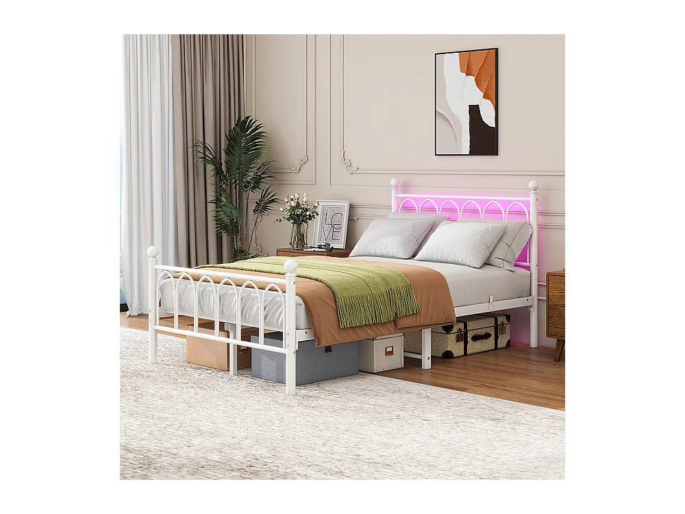 Lit adulte cadre en métal 120x200 cm avec tête et pied vintage station USB éclairage LED lattes acier rangement sous lit blanc
