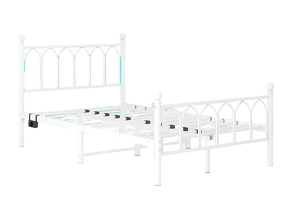 Lit adulte cadre en métal 120x200 cm avec tête et pied vintage station USB éclairage LED lattes acier rangement sous lit blanc