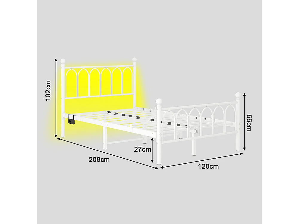 Lit adulte cadre en métal 120x200 cm avec tête et pied vintage station USB éclairage LED lattes acier rangement sous lit blanc