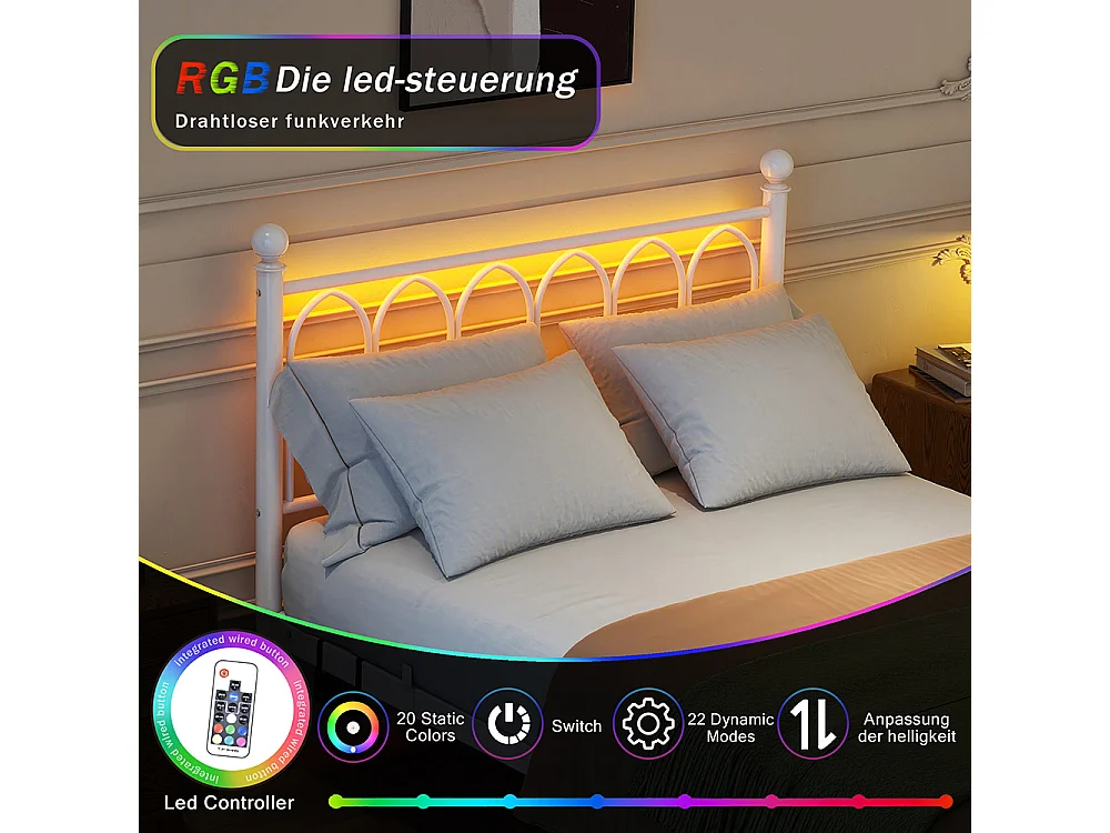 Lit adulte cadre en métal 120x200 cm avec tête et pied vintage station USB éclairage LED lattes acier rangement sous lit blanc