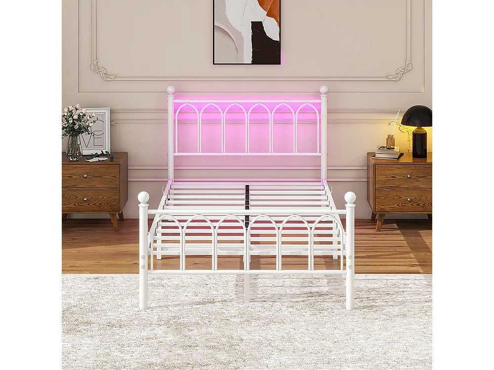 Lit adulte cadre en métal 120x200 cm avec tête et pied vintage station USB éclairage LED lattes acier rangement sous lit blanc