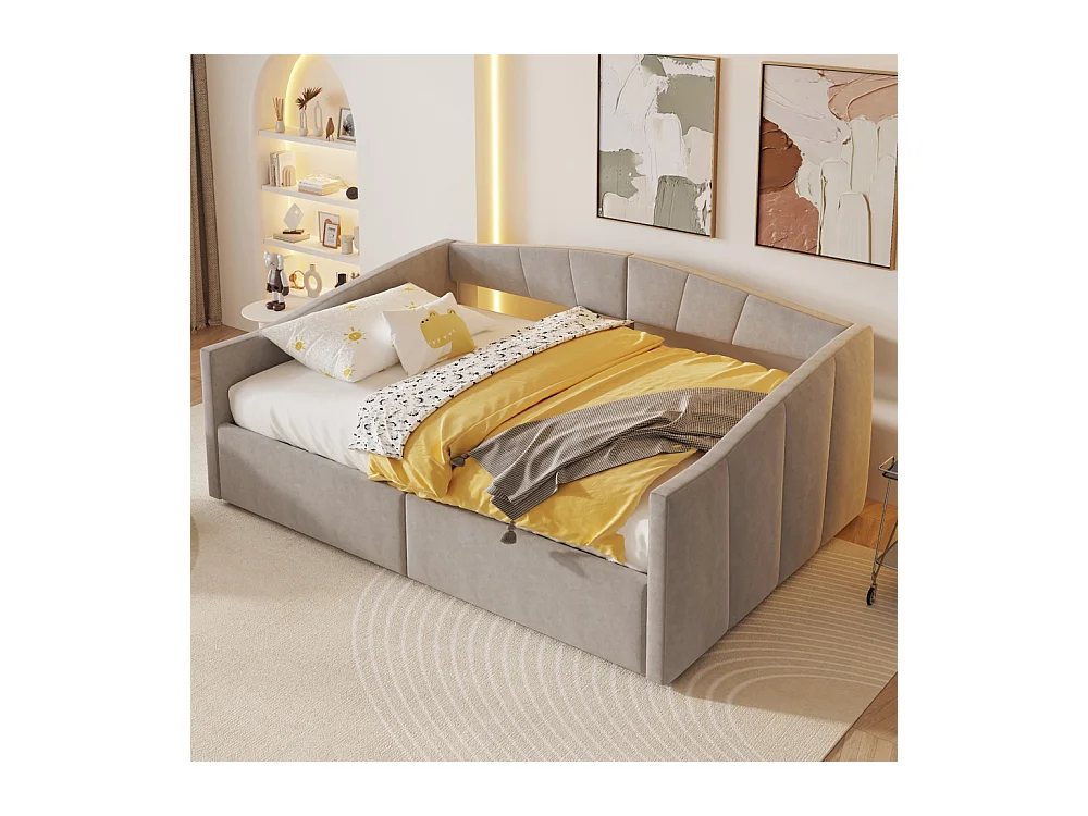 Lit banquette rembourré 140x200 avec suspension hydraulique et accoudoirs rayures classiques lit multifonctionnel tissu velours gris clair