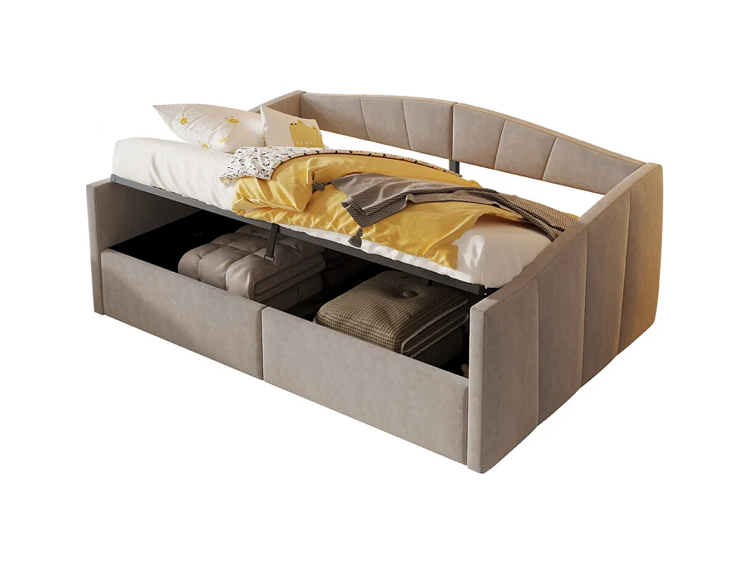 Lit banquette rembourré 140x200 avec suspension hydraulique et accoudoirs rayures classiques lit multifonctionnel tissu velours gris clair