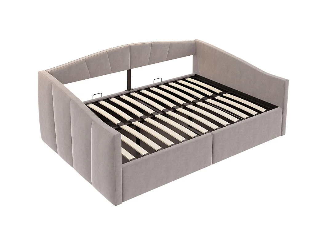Lit banquette rembourré 140x200 avec suspension hydraulique et accoudoirs rayures classiques lit multifonctionnel tissu velours gris clair