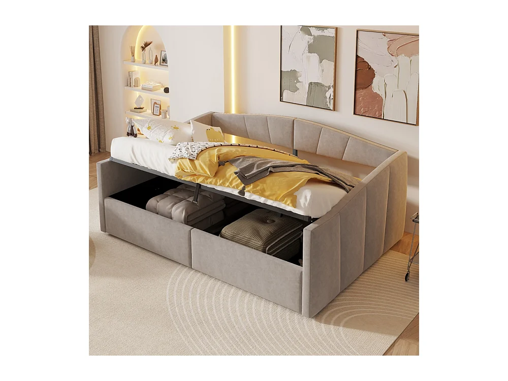 Lit banquette rembourré 140x200 avec suspension hydraulique et accoudoirs rayures classiques lit multifonctionnel tissu velours gris clair