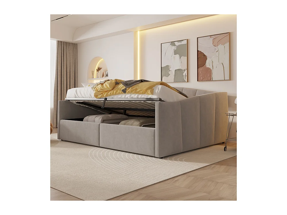 Lit banquette rembourré 140x200 avec suspension hydraulique et accoudoirs rayures classiques lit multifonctionnel tissu velours gris clair