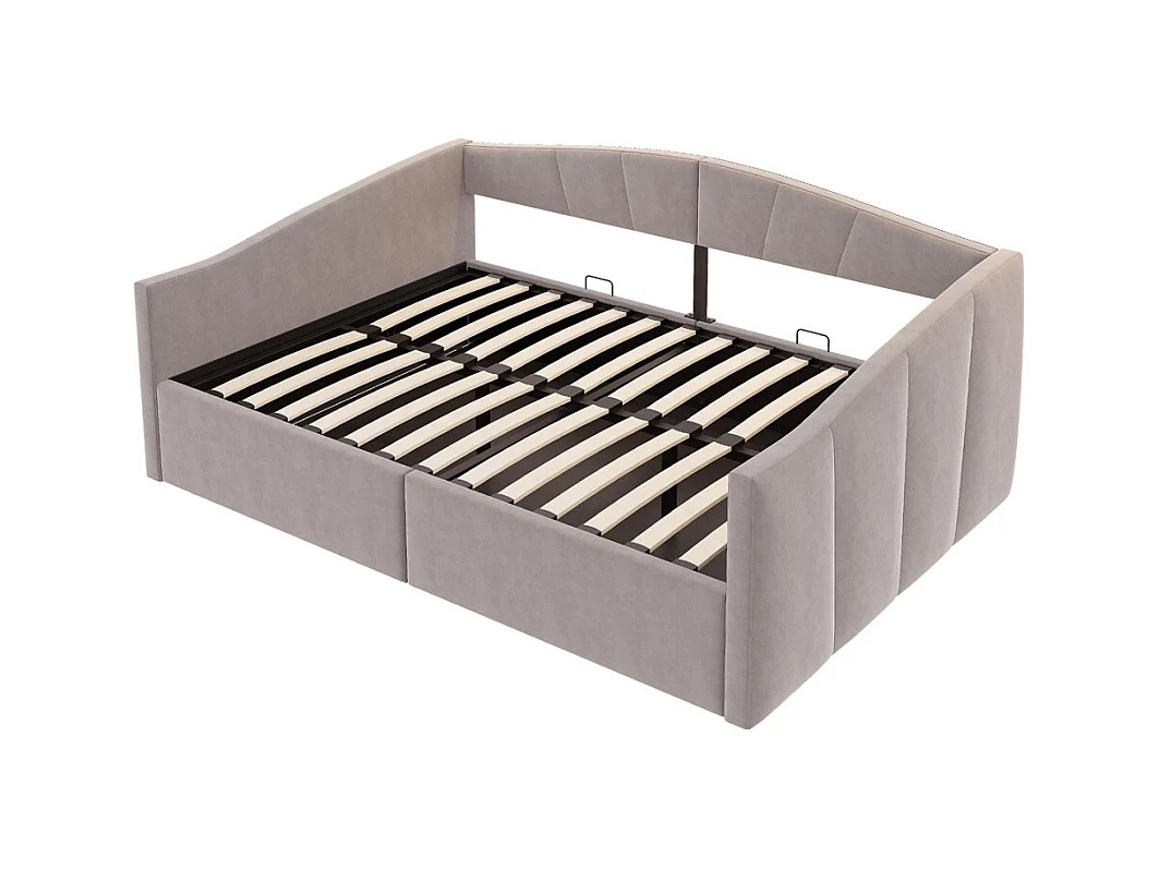 Lit banquette rembourré 140x200 avec suspension hydraulique et accoudoirs rayures classiques lit multifonctionnel tissu velours gris clair