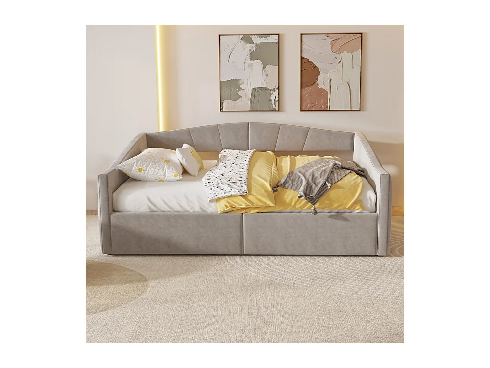 Lit banquette rembourré 140x200 avec suspension hydraulique et accoudoirs rayures classiques lit multifonctionnel tissu velours gris clair