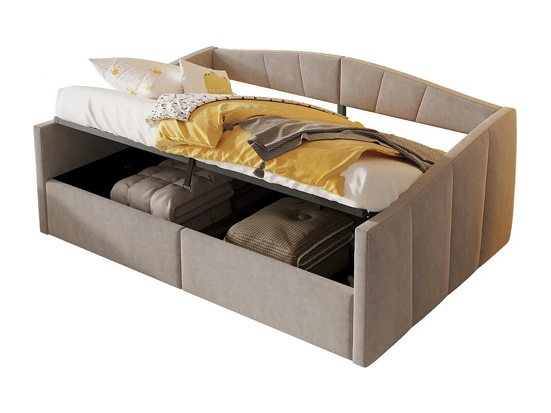 Lit banquette rembourré 140x200 avec suspension hydraulique et accoudoirs rayures classiques lit multifonctionnel tissu velours gris clair