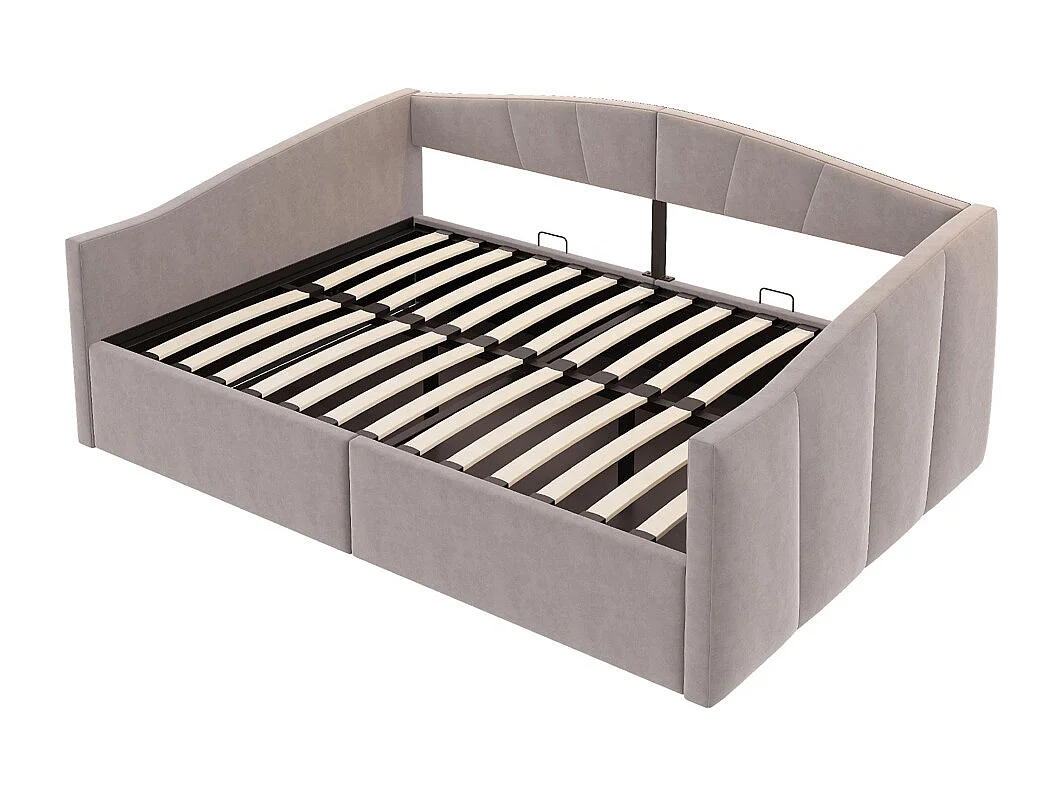 Lit banquette rembourré 140x200 avec suspension hydraulique et accoudoirs rayures classiques lit multifonctionnel tissu velours gris clair