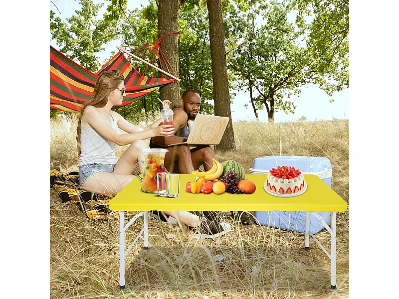 Table pliante portable 125 cm robuste poignée hauteur réglable multifonction camping pique-nique fêtes intérieur extérieur charge 135 kg jaune