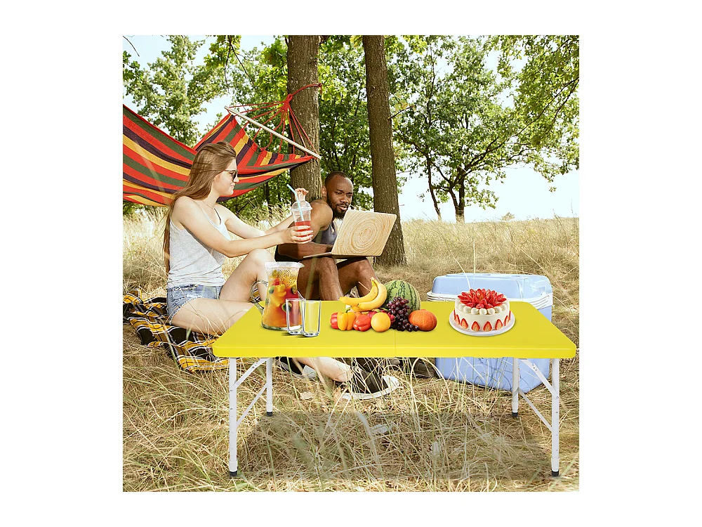 Table pliante portable 125 cm robuste poignée hauteur réglable multifonction camping pique-nique fêtes intérieur extérieur charge 135 kg jaune
