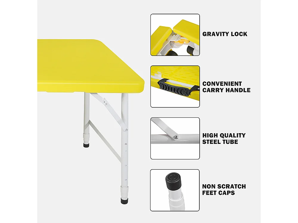 Table pliante portable 125 cm robuste poignée hauteur réglable multifonction camping pique-nique fêtes intérieur extérieur charge 135 kg jaune