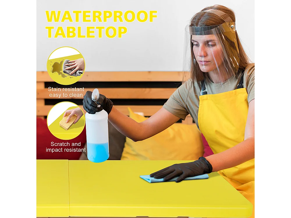 Table pliante portable 125 cm robuste poignée hauteur réglable multifonction camping pique-nique fêtes intérieur extérieur charge 135 kg jaune