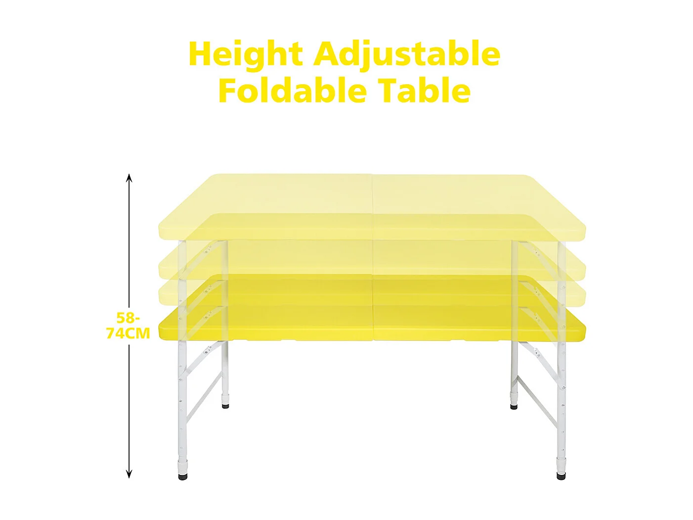 Table pliante portable 125 cm robuste poignée hauteur réglable multifonction camping pique-nique fêtes intérieur extérieur charge 135 kg jaune