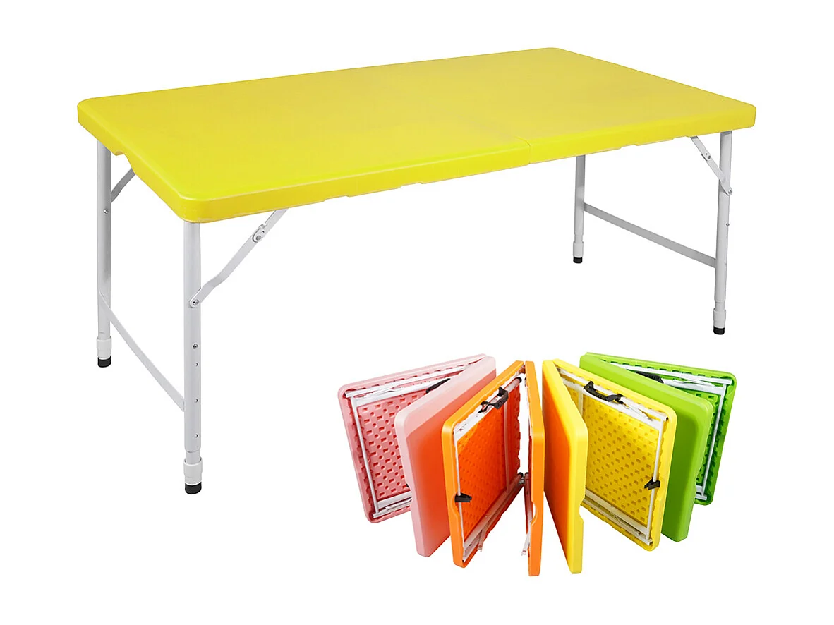 Table pliante portable 125 cm robuste poignée hauteur réglable multifonction camping pique-nique fêtes intérieur extérieur charge 135 kg jaune
