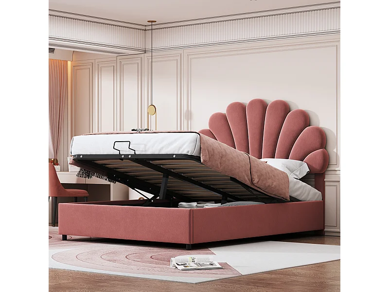 Cama doble de 140 x 200 cm con cabecero de flores y somier de láminas, terciopelo rojo.