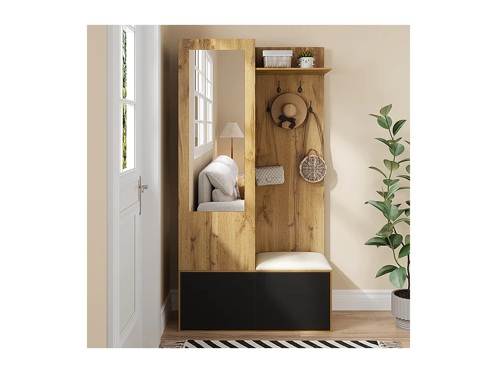 Vestiaire penderie 5 crochets miroir meuble chaussures étagère espace caché banc couloir