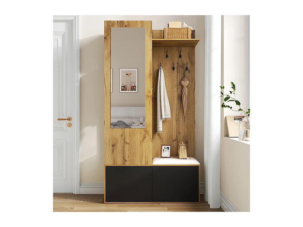 Vestiaire penderie 5 crochets miroir meuble chaussures étagère espace caché banc couloir