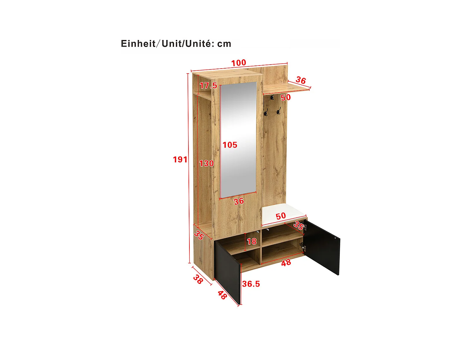 Vestiaire penderie 5 crochets miroir meuble chaussures étagère espace caché banc couloir