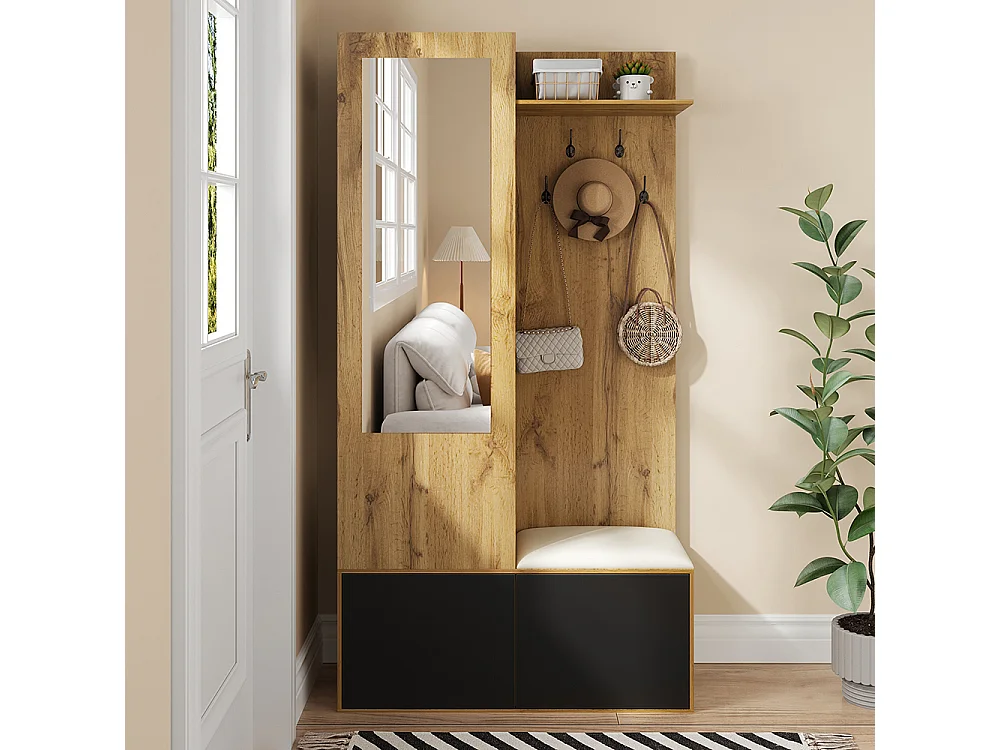 Vestiaire penderie 5 crochets miroir meuble chaussures étagère espace caché banc couloir