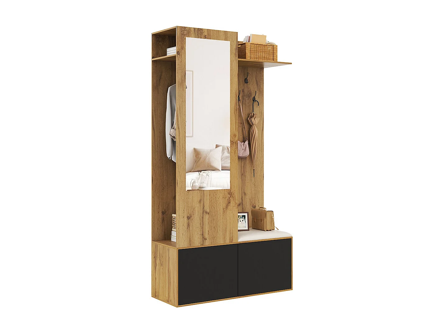 Vestiaire penderie 5 crochets miroir meuble chaussures étagère espace caché banc couloir