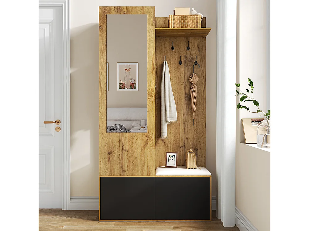 Vestiaire penderie 5 crochets miroir meuble chaussures étagère espace caché banc couloir