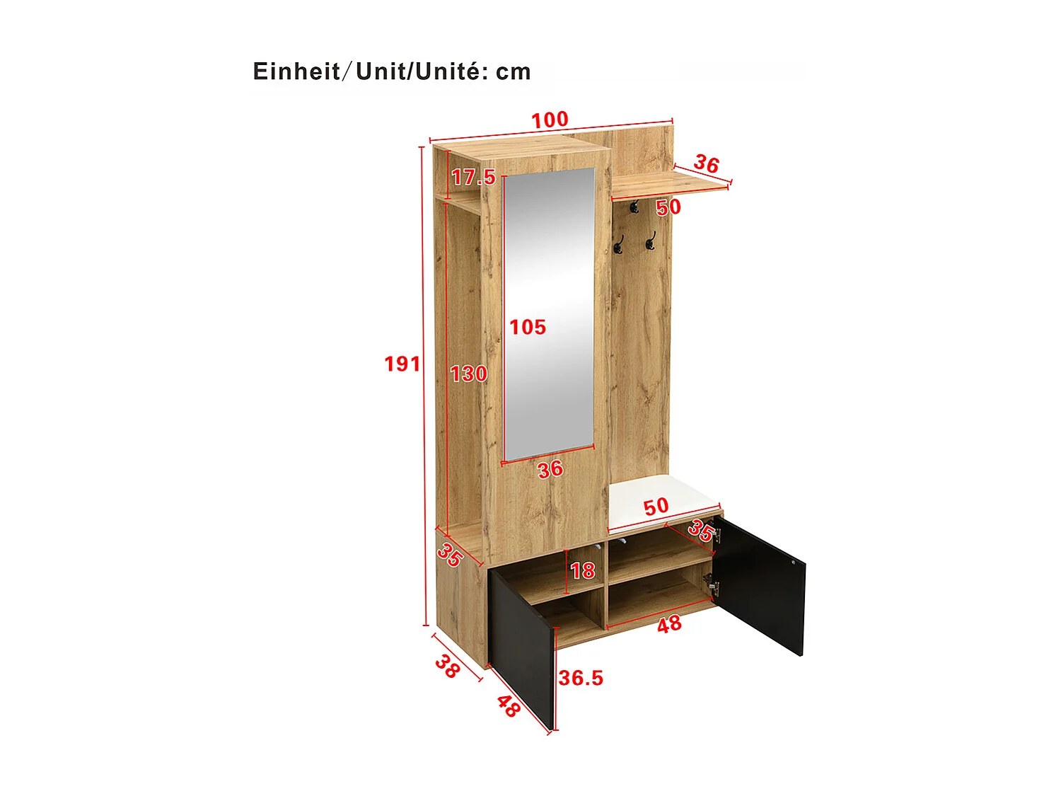 Vestiaire penderie 5 crochets miroir meuble chaussures étagère espace caché banc couloir