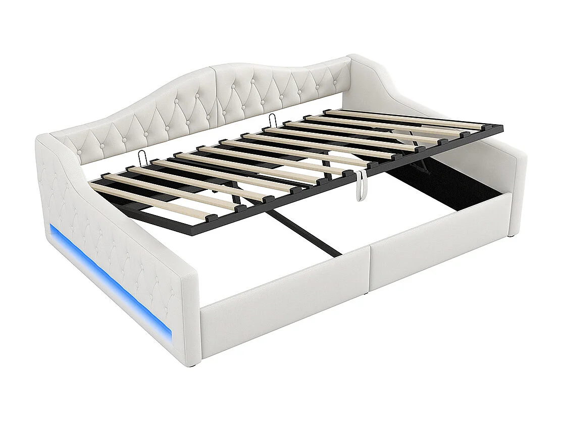 Lit banquette rembourré 140x200 bande LED rangement dessous beige