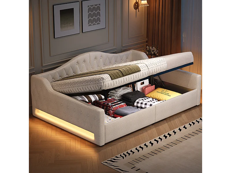 Lit banquette rembourré 140x200 bande LED rangement dessous beige