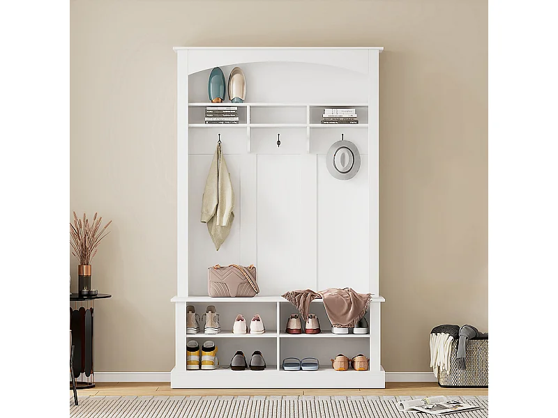 Vestiaire blanc banc rangement chaussures multifonctionnel 3 crochets suspendus espace rangement ouvert étagères couloir