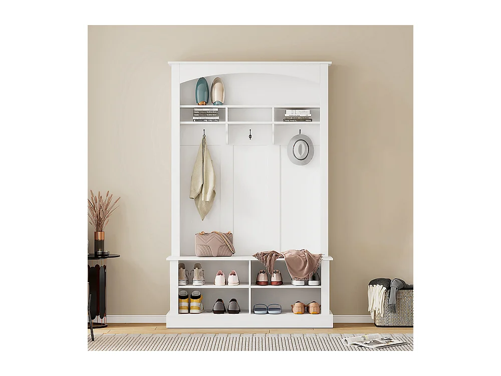 Vestiaire blanc banc rangement chaussures multifonctionnel 3 crochets suspendus espace rangement ouvert étagères couloir