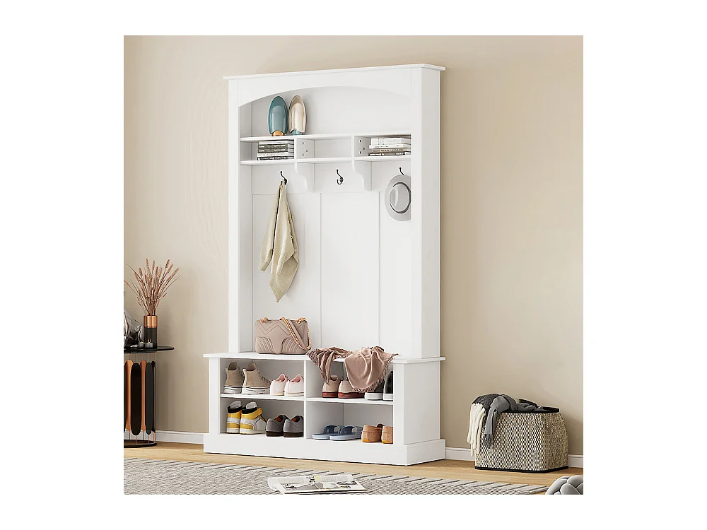 Vestiaire blanc banc rangement chaussures multifonctionnel 3 crochets suspendus espace rangement ouvert étagères couloir