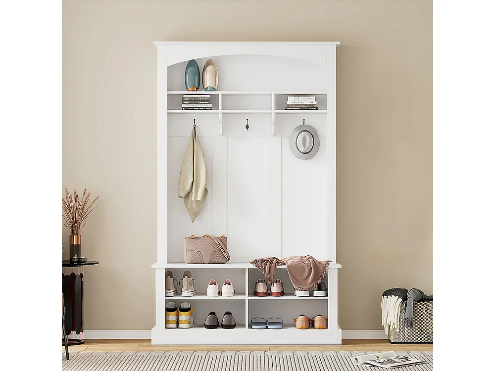 Vestiaire blanc banc rangement chaussures multifonctionnel 3 crochets suspendus espace rangement ouvert étagères couloir