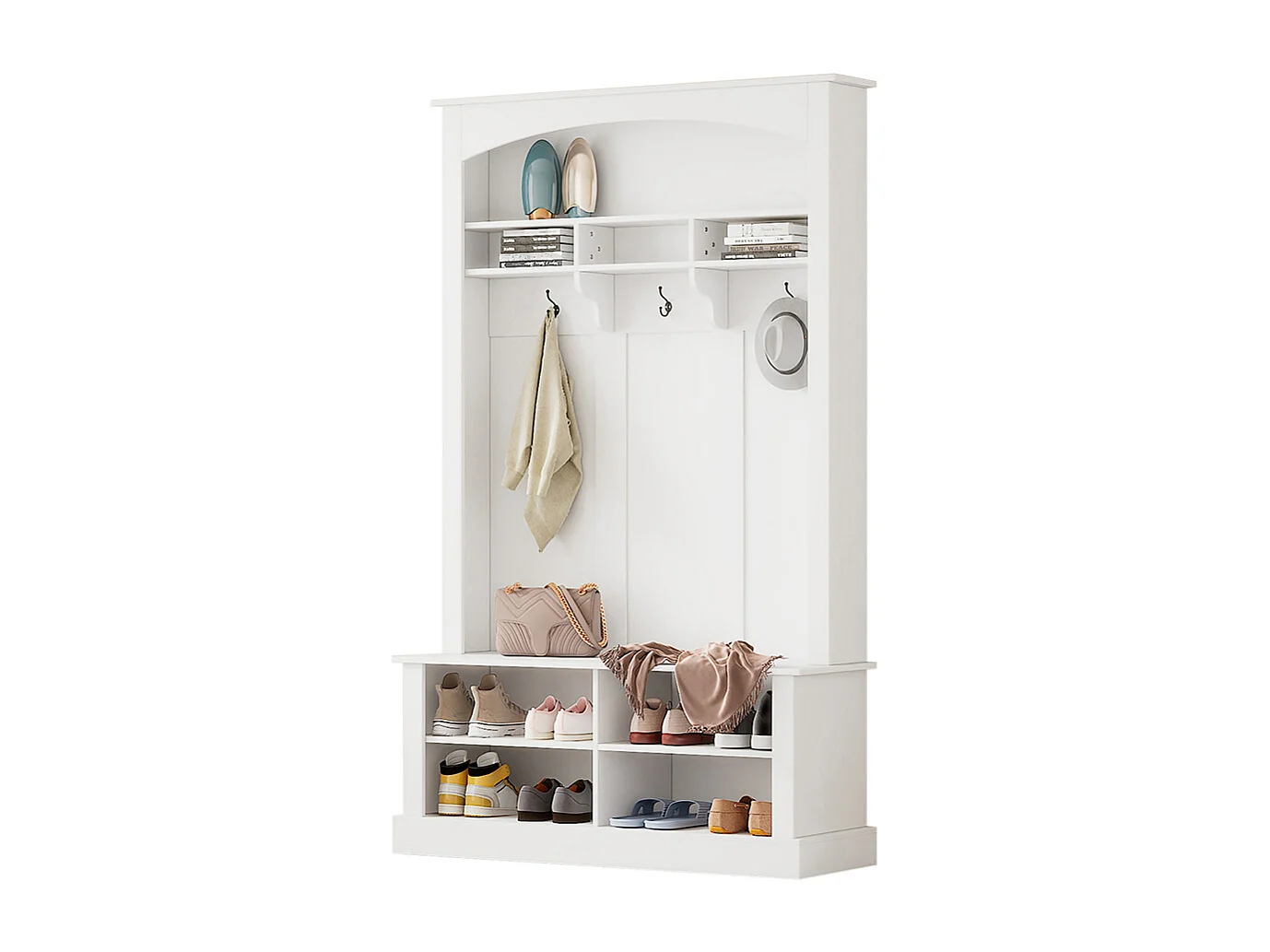 Vestiaire blanc banc rangement chaussures multifonctionnel 3 crochets suspendus espace rangement ouvert étagères couloir