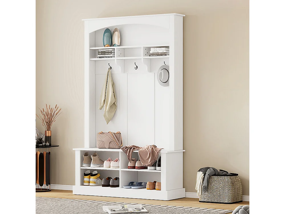 Vestiaire blanc banc rangement chaussures multifonctionnel 3 crochets suspendus espace rangement ouvert étagères couloir
