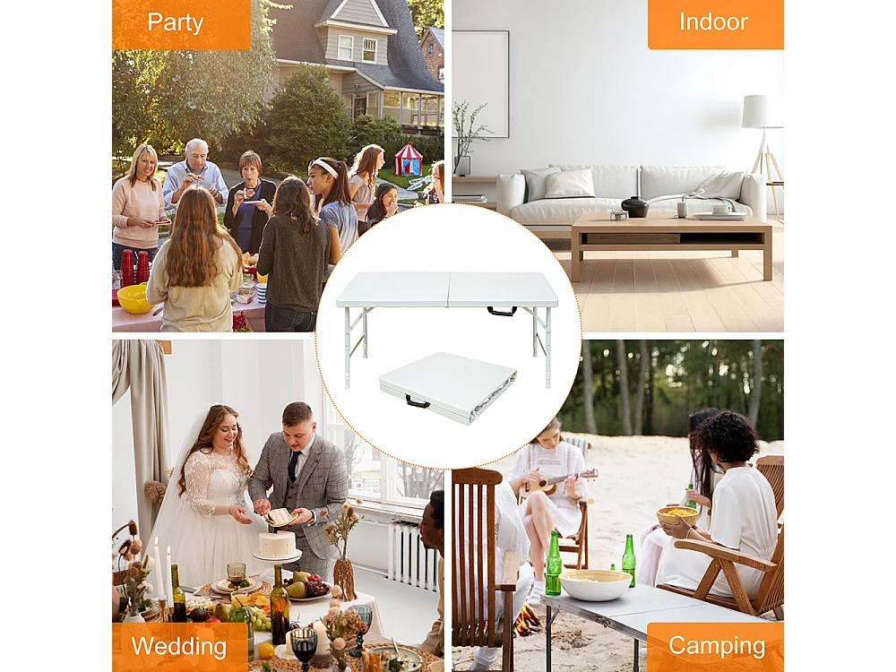 Table pliante portable 125 cm robuste poignée hauteur réglable multifonction camping pique-nique fêtes intérieur extérieur charge 135 kg blanc