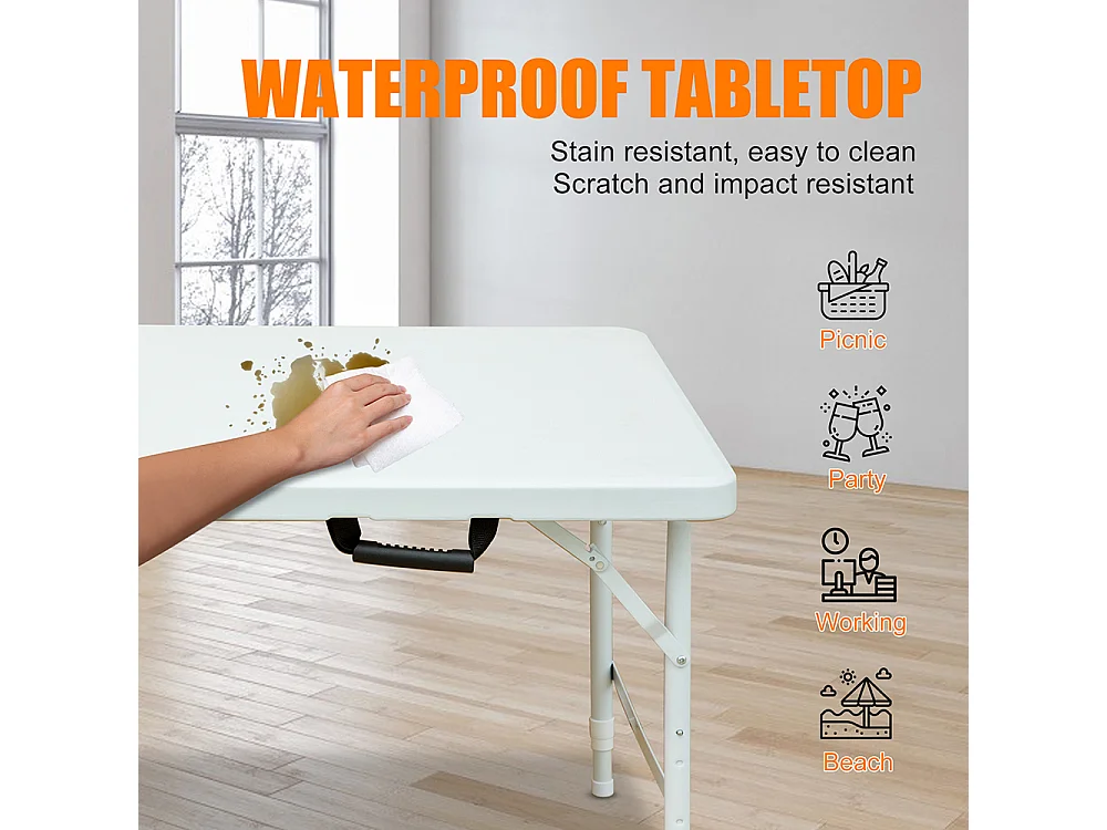 Table pliante portable 125 cm robuste poignée hauteur réglable multifonction camping pique-nique fêtes intérieur extérieur charge 135 kg blanc